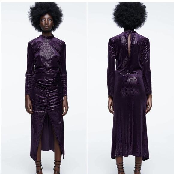 ZARA Purple SEQUIN MIDI DRESS Size Extra Small XS - Picture 15 of 15
